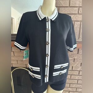 MITA Black Short Sleeve Knit Cardigan with White Trim